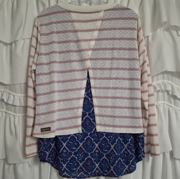 Matilda Jane Split Back Pink and White Striped Top with Blue Patterned Hem - Picture 3 of 6